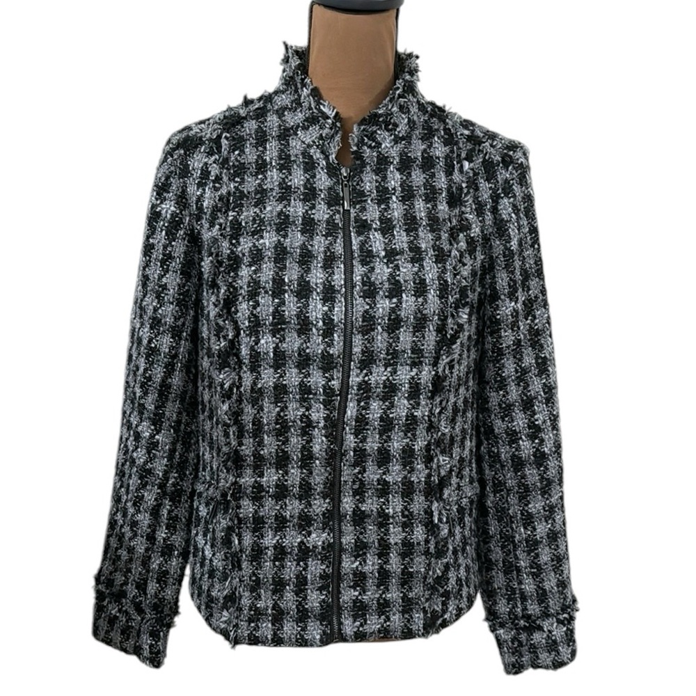 Studio Works lady tweed plaid fringe trim zip jacket size 12